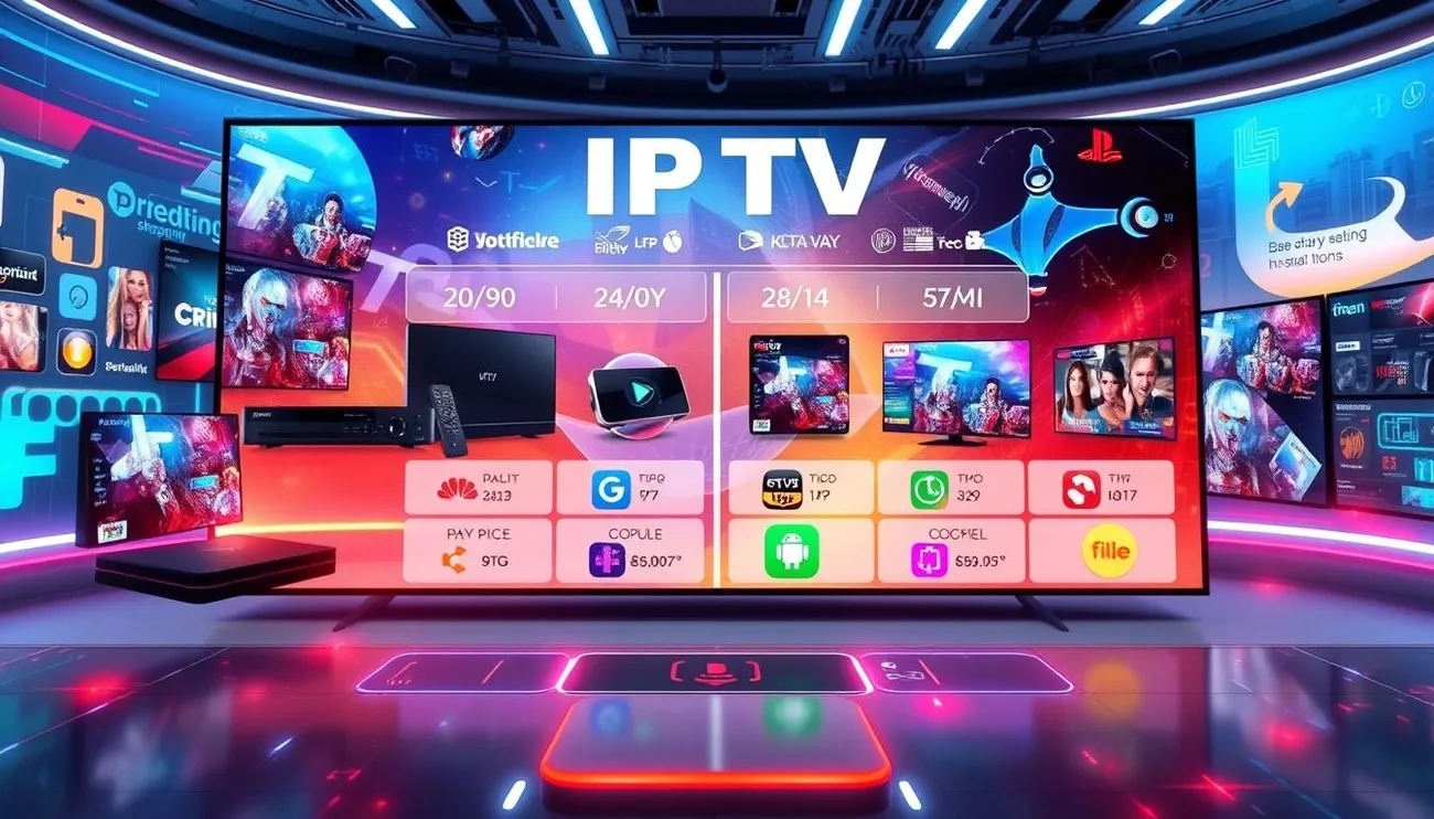 Comparison chart of premium IPTV services in 2025 showing quality versus price with various devices and logos.