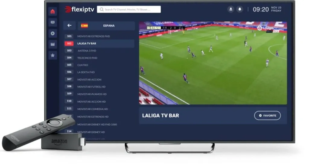 Smart TV screen displaying Flexiptv app with a soccer match on LaLiga TV Bar channel and an Amazon Fire Stick remote in front.