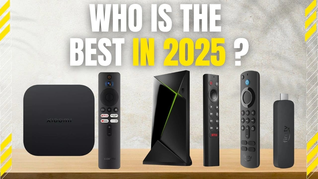 Top 5 best Android TV boxes and remotes for streaming and gaming in 2025 displayed on a wooden surface.